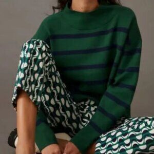 Maeve Anthropologie Carys Striped Mock Neck Sweater Green Blue XL